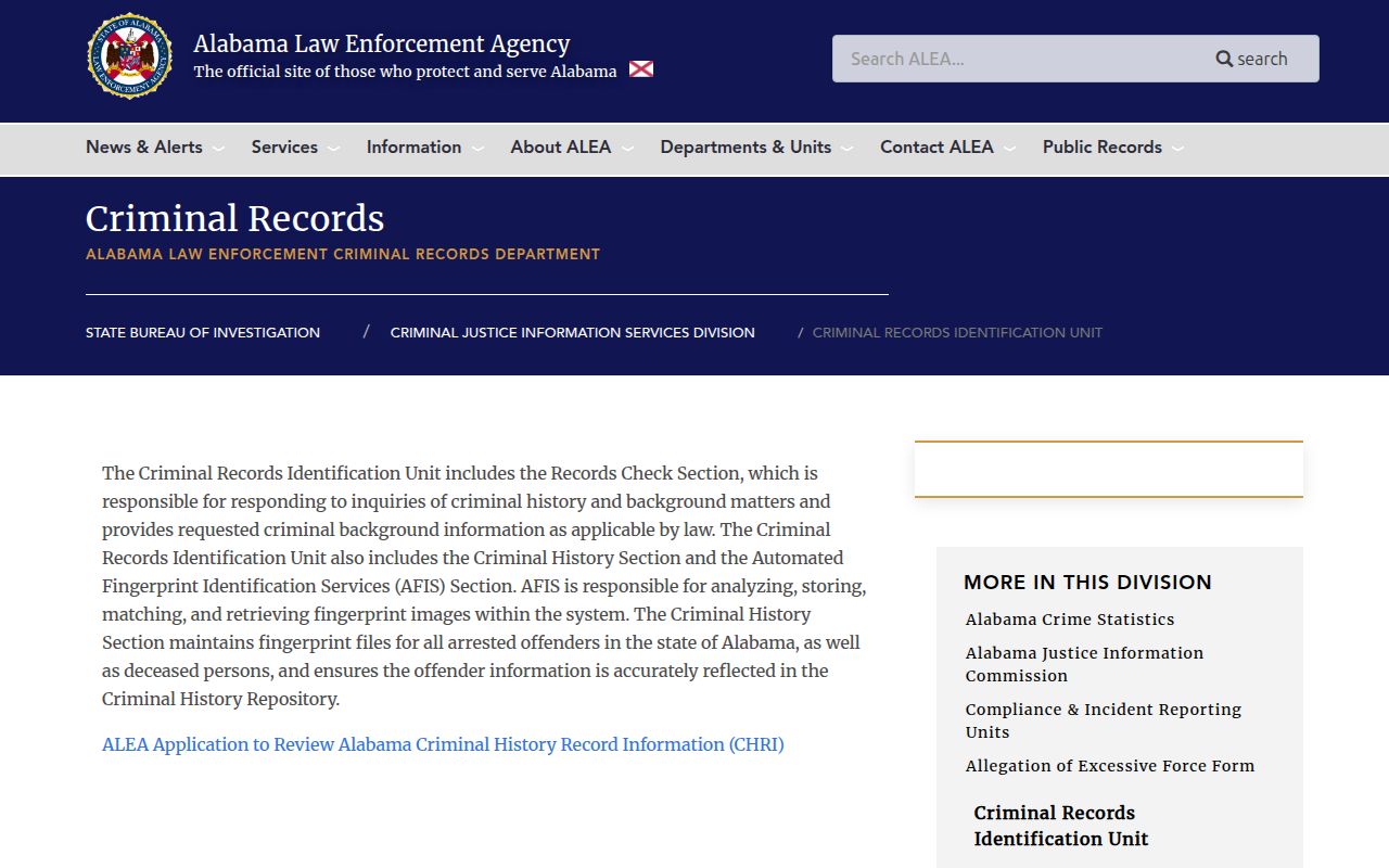 ALEA Criminal Records page showing background check information