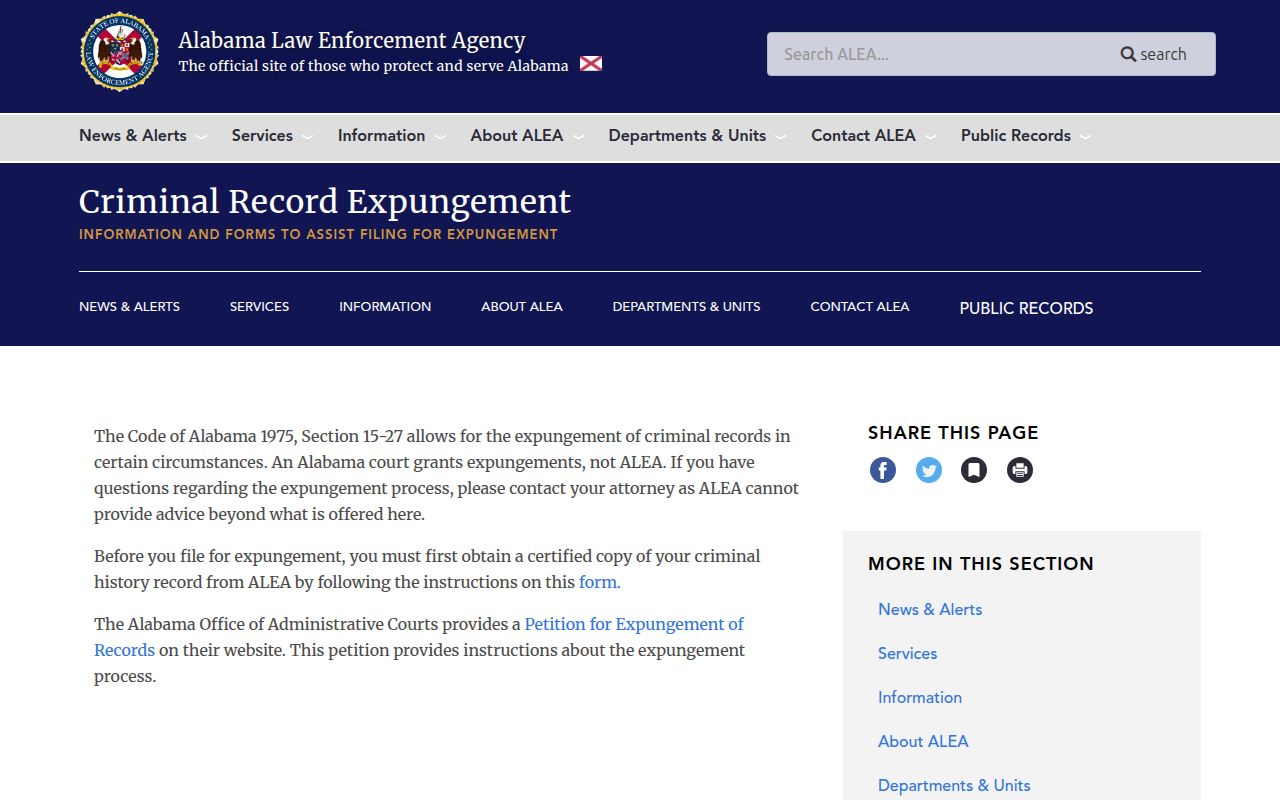 ALEA expungement information page